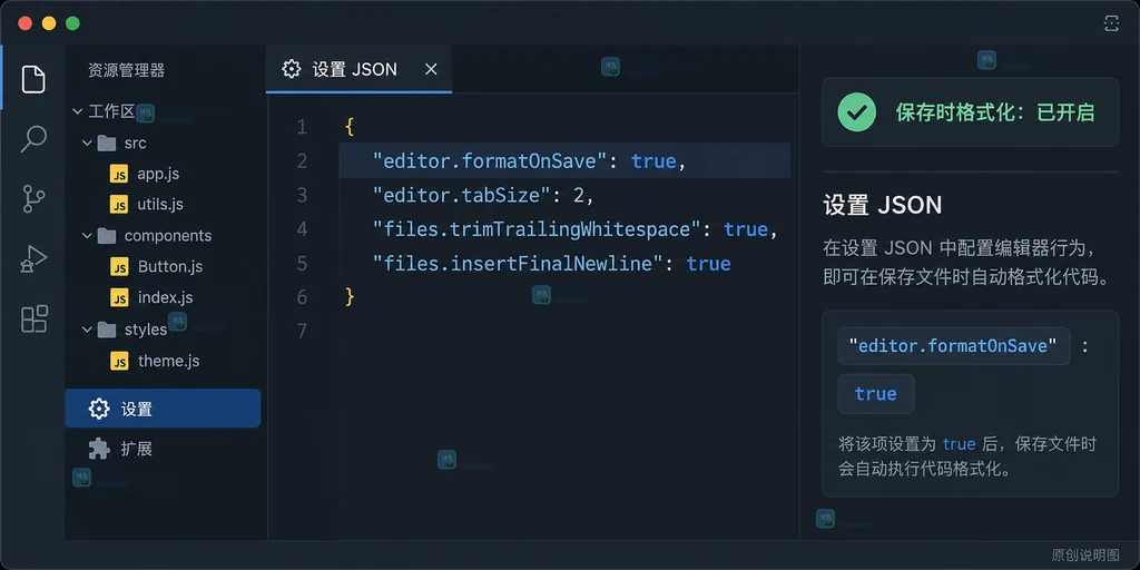 原创界面说明图:VS Code 设置 JSON 中开启 editor.formatOnSave 保存时格式化