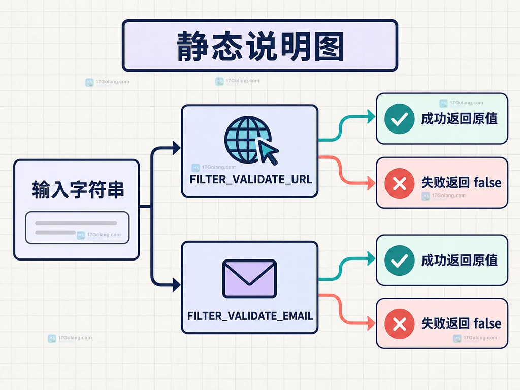 PHP URL 与邮箱验证边界的对照结构图，展示协议白名单、ASCII 和邮箱存在性边界