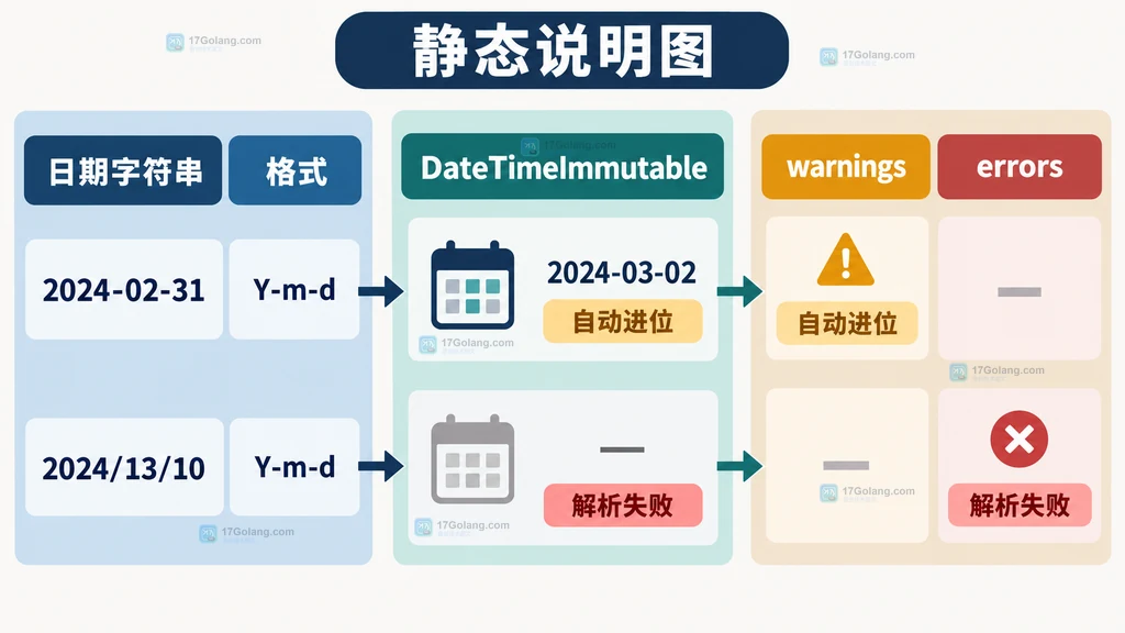 PHP 日期解析对象与 warnings errors 的关系静态说明图