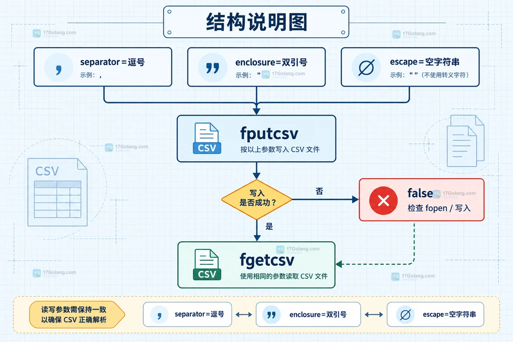 PHP fputcsv 参数和失败处理路径的结构说明图