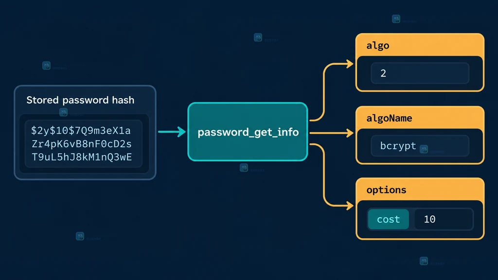 已有密码哈希经过 password_get_info 后拆出 algo、algoName 和 options 的结构说明图