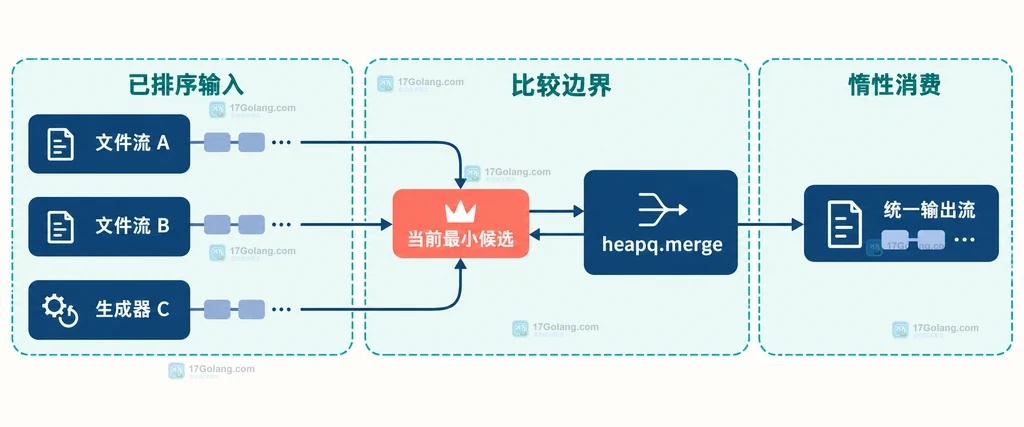 heapq.merge 把多个已经排序的文件流和生成器合并为统一有序输出流的静态关系图