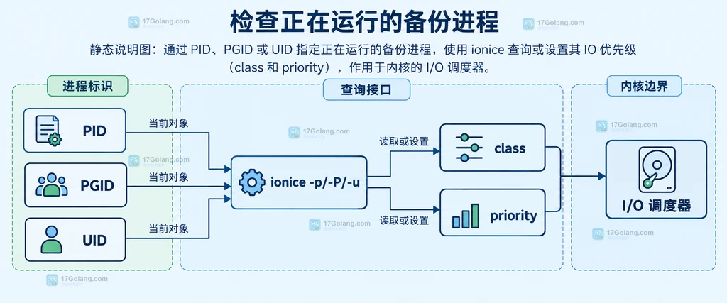 Linux ionice 按 PID PGID UID 查询备份进程 class priority 与 I/O 调度器边界的静态说明图