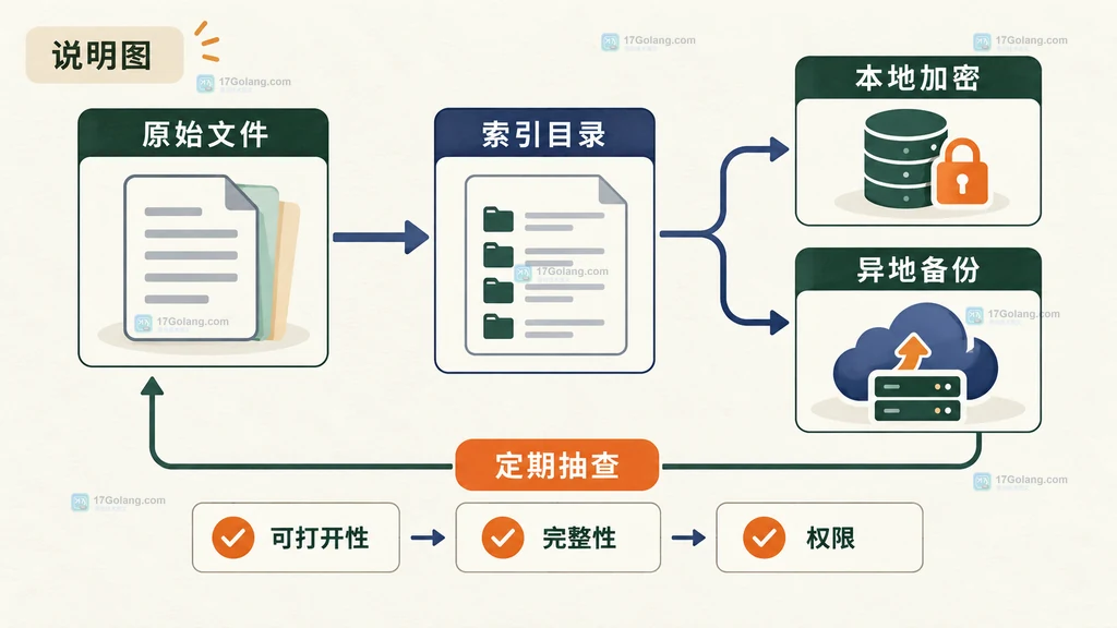 原始电子文件经过索引目录进入本地加密和异地备份并定期抽查的关系说明图