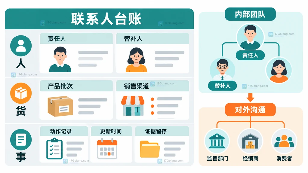产品召回联系人台账把责任人、产品批次、销售渠道和动作证据关联起来的结构图