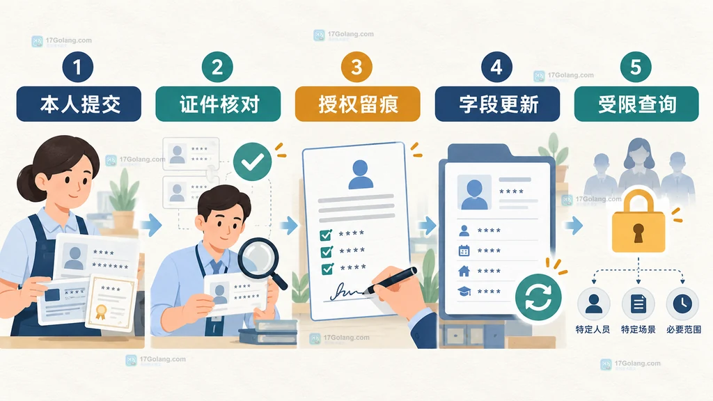 家政服务人员身份核验从本人提交到受限查询的记录链静态说明图