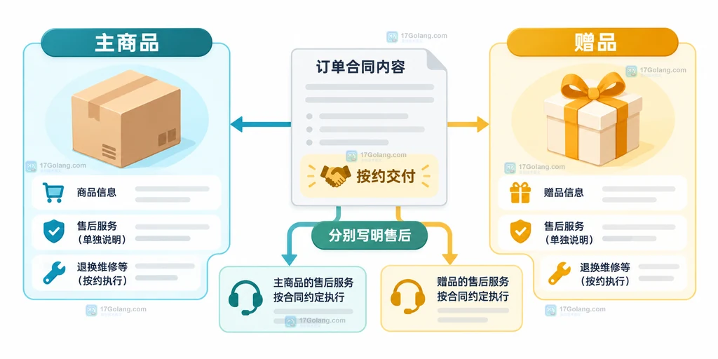 主商品和赠品分别列明售后说明并通过订单合同内容关联的结构图