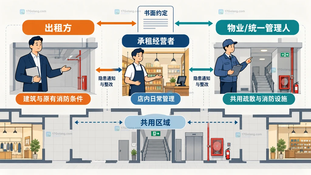 小型商铺租赁中出租方、承租经营者和物业统一管理人的消防责任边界说明图