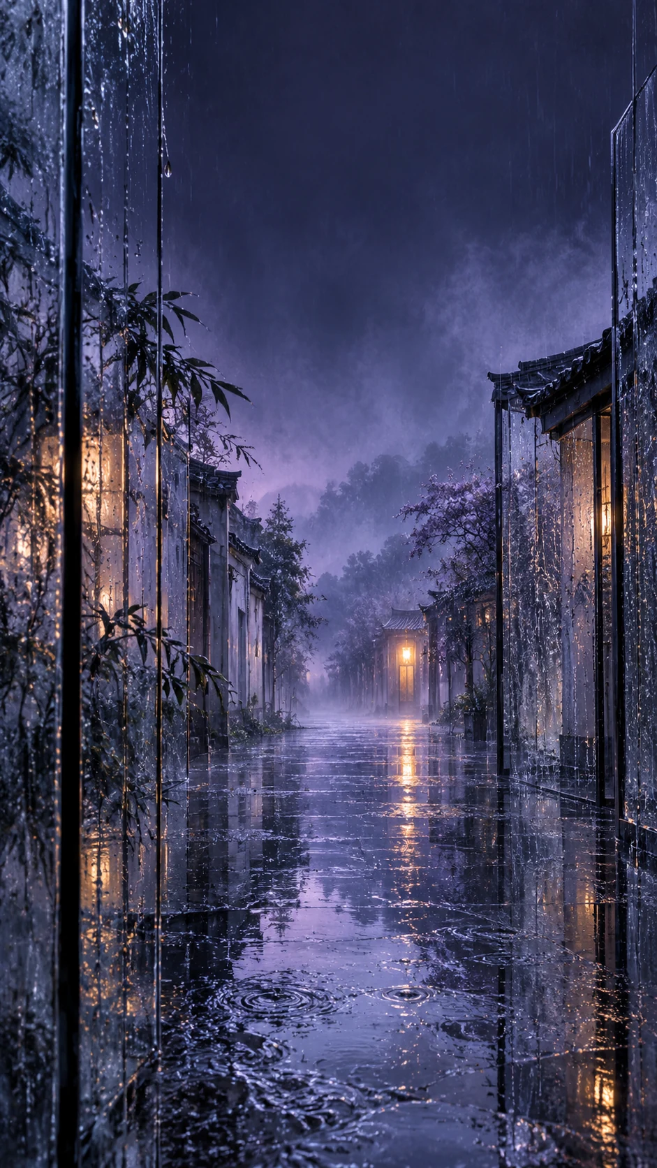 靛紫雨巷透明玻璃与远处暖琥珀反射的手机壁纸变体