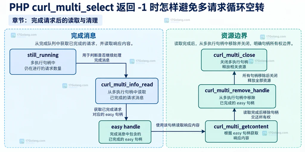 PHP cURL 多请求完成消息、easy handle、multi handle 与资源清理的静态关系图
