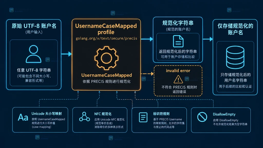 账户名经过 UsernameCaseMapped 规范化后进入规范值或错误分支的结构图