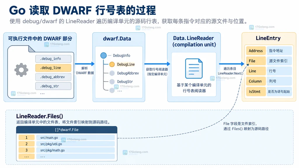 Go debug dwarf 从可执行文件 DWARF 数据到 LineReader 和 LineEntry 的静态结构图