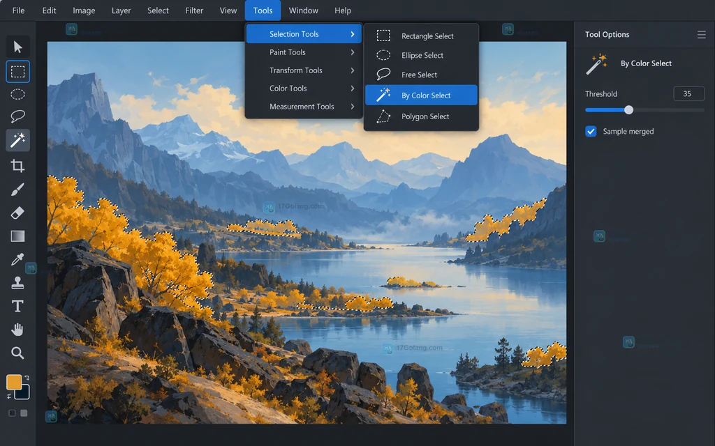 GIMP 按颜色选择工具选项的原创界面说明图，显示 Threshold、Select by、Sample merged 和选择模式