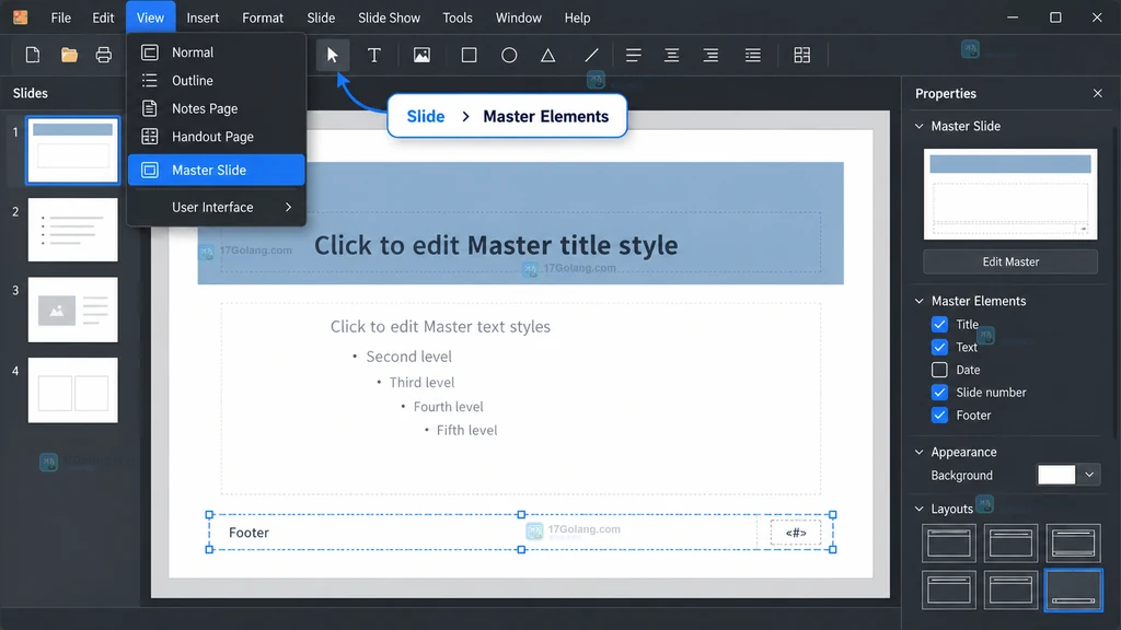 LibreOffice Impress 原创界面说明图：多张幻灯片继承统一页脚位置并显示页码结果