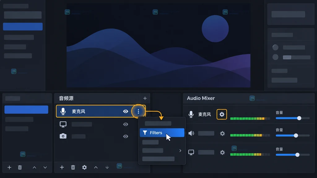 原创界面说明图展示从音频源或 Audio Mixer 齿轮进入 Filters