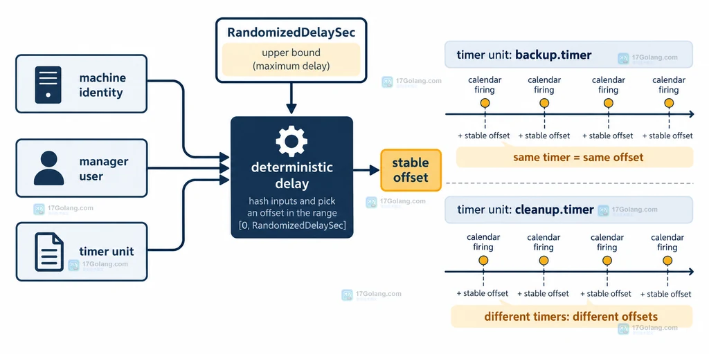 systemd FixedRandomDelay 由机器身份、管理器用户和 timer 单元名共同形成稳定偏移的结构说明图
