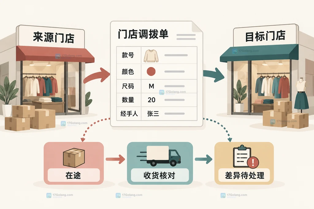 服装门店调拨单连接来源门店目标门店在途状态和收货差异的关系说明图