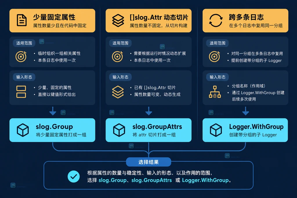 Group、GroupAttrs 与 WithGroup 的输入来源和复用范围对比说明图