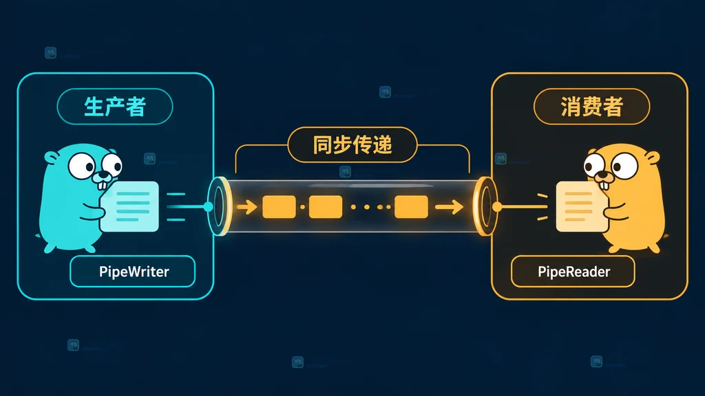 Go io.Pipe 生产者通过 PipeWriter 同步传给 PipeReader 和消费者的结构说明图