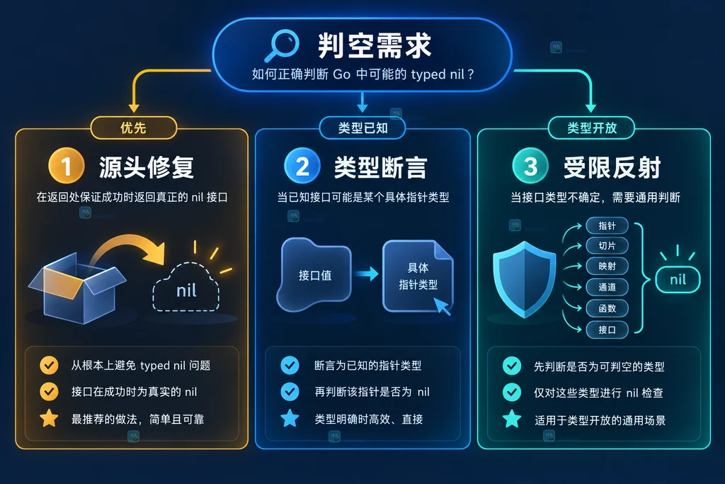 Go typed nil 的源头修复、类型断言和受限反射三种判空方案对比图