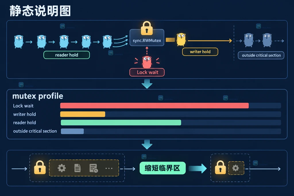 Go RWMutex 竞争中 Lock wait、writer hold、reader hold 和优化动作的分层诊断图