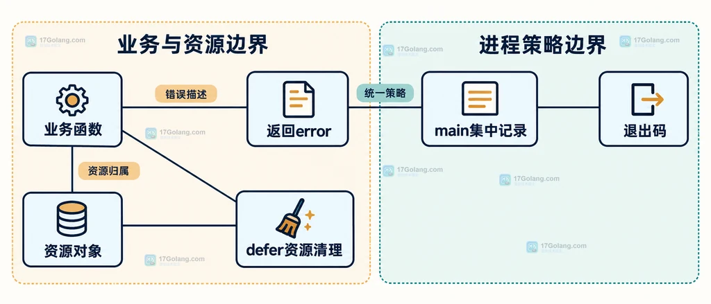 Go 业务函数返回 error、main 集中记录、defer 资源清理与退出码之间的静态架构关系说明图