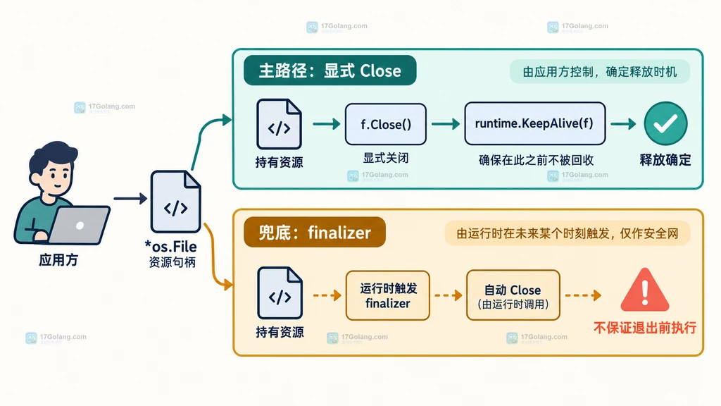 Go 资源所有权中显式 Close 与 finalizer 兜底路径的关系图