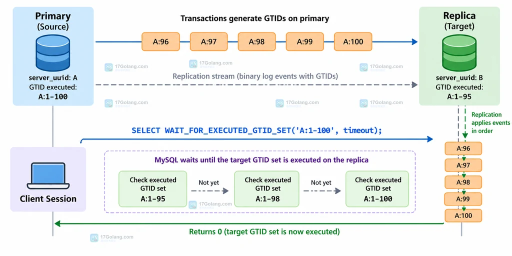 MySQL 源端目标 GTID 集合、副本 gtid_executed 与等待函数之间的静态关系说明图