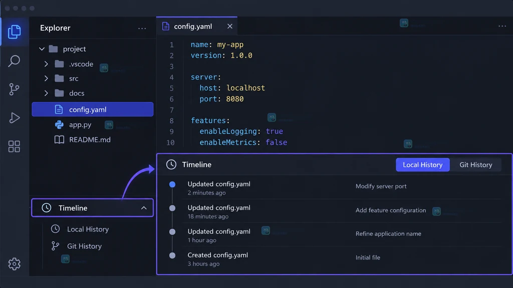 VS Code 风格原创界面说明图,展示 Explorer 中打开 config.yaml 并展开 Timeline 的入口状态