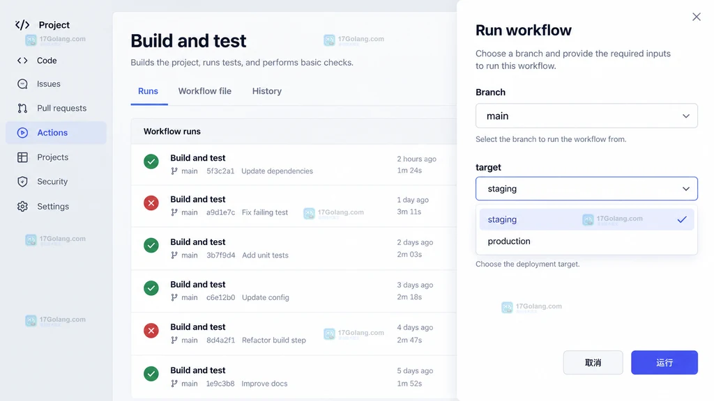 原创界面说明图:Run workflow 面板中的分支下拉框、输入字段和运行按钮