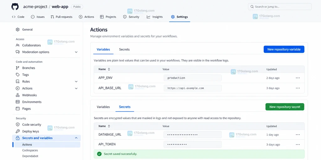 GitHub Actions 工作流 job 声明 production environment 后读取 vars 与 secrets 的原创界面说明图