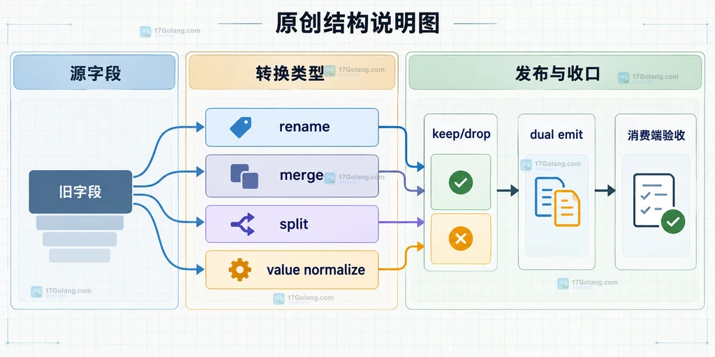 OpenTelemetry 旧 telemetry 通过源 schema URL 和字段映射表变成目标属性并供查询告警使用的生命周期说明图