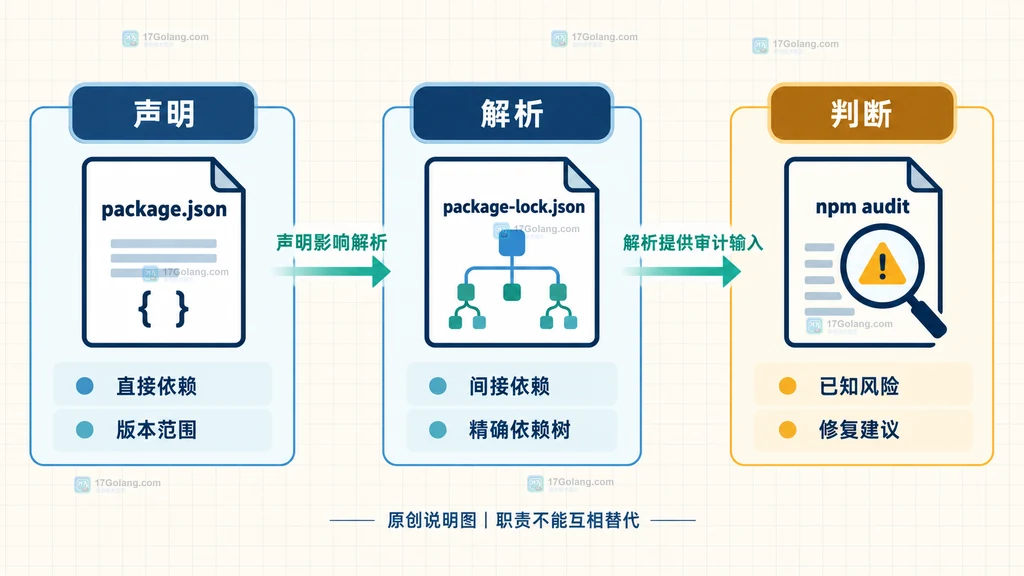 package.json、package-lock.json 与 npm audit 在供应链审计中的职责边界原创说明图