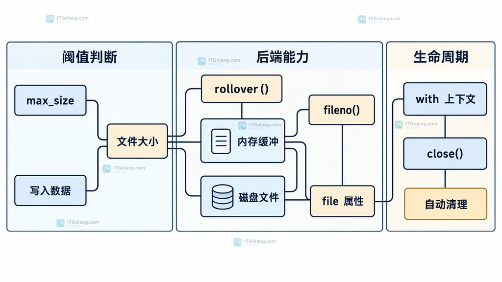 max_size、写入数据、fileno、rollover、磁盘文件与 with close 生命周期边界说明图