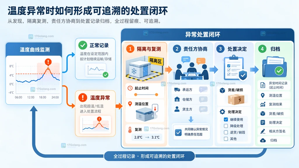 冷链温度异常从发现超温到复测、处置和归档的静态结构说明图