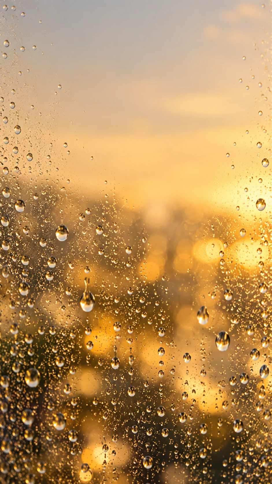 蜂蜜金日光穿过透明雨滴玻璃的竖版手机壁纸