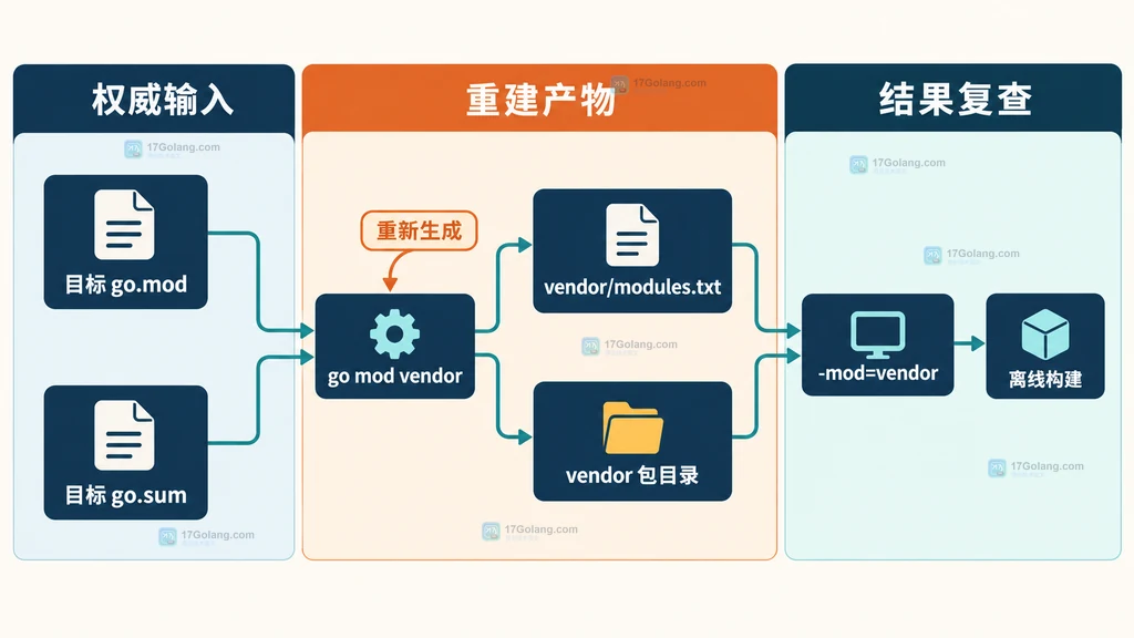 Go 目标 go.mod、go mod vendor、vendor 清单与离线构建之间的静态关系说明图