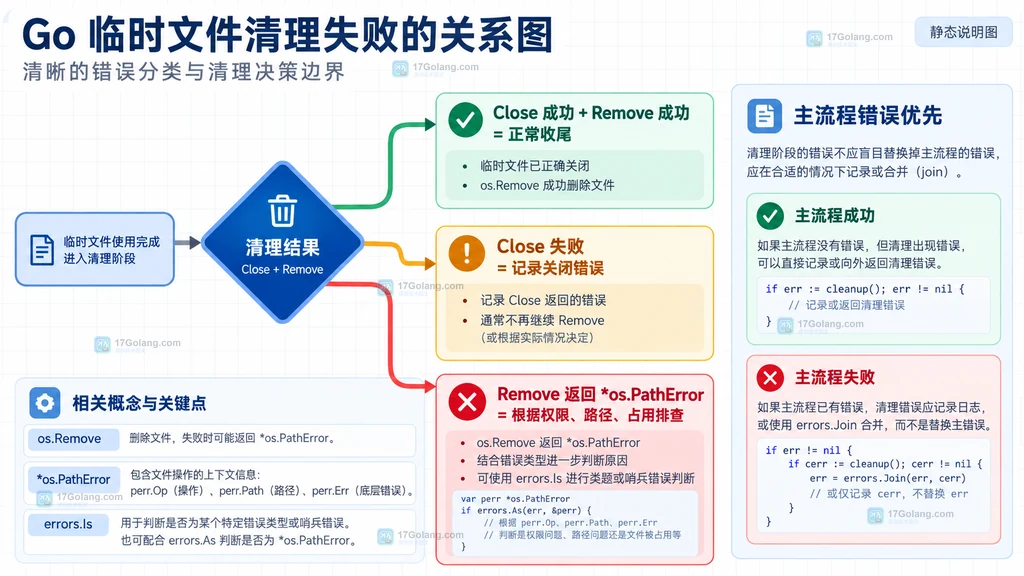 Go 临时文件 Close、Remove 与主流程错误优先级的静态关系说明图