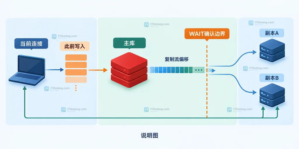 当前连接、主库此前写入、复制流偏移、两个副本与 Redis WAIT 确认边界的静态结构说明图
