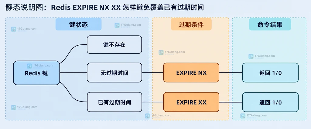 Redis 键状态、无过期时间、已有过期时间与 EXPIRE NX XX 的静态关系说明图