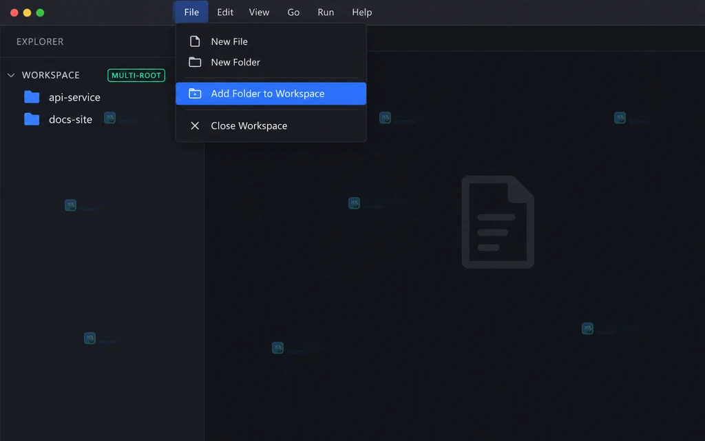原创操作示意图,VS Code 多根工作区中并列显示 api-service 和 docs-site 两个根文件夹