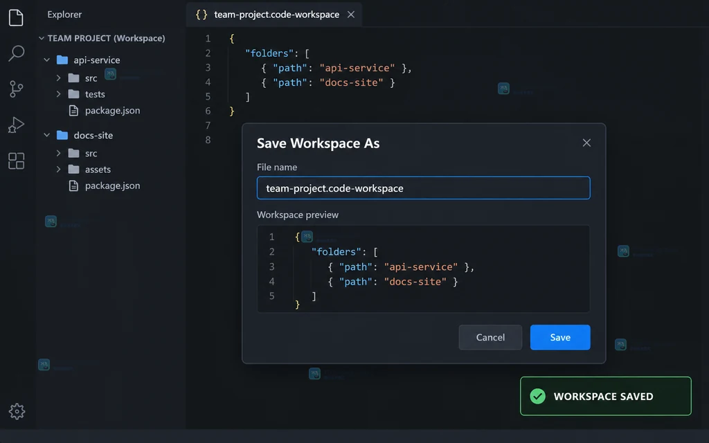 原创结果示意图,保存后的 team-project.code-workspace 恢复 api-service 和 docs-site 两个根文件夹