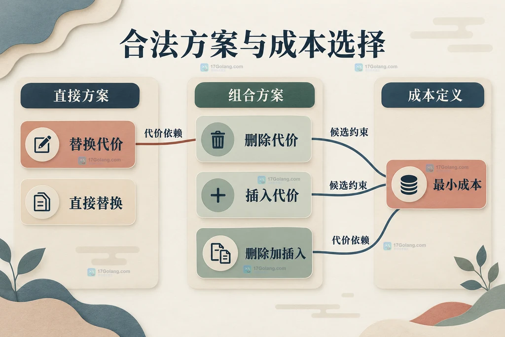直接替换成本与删除加插入成本共同约束最小成本