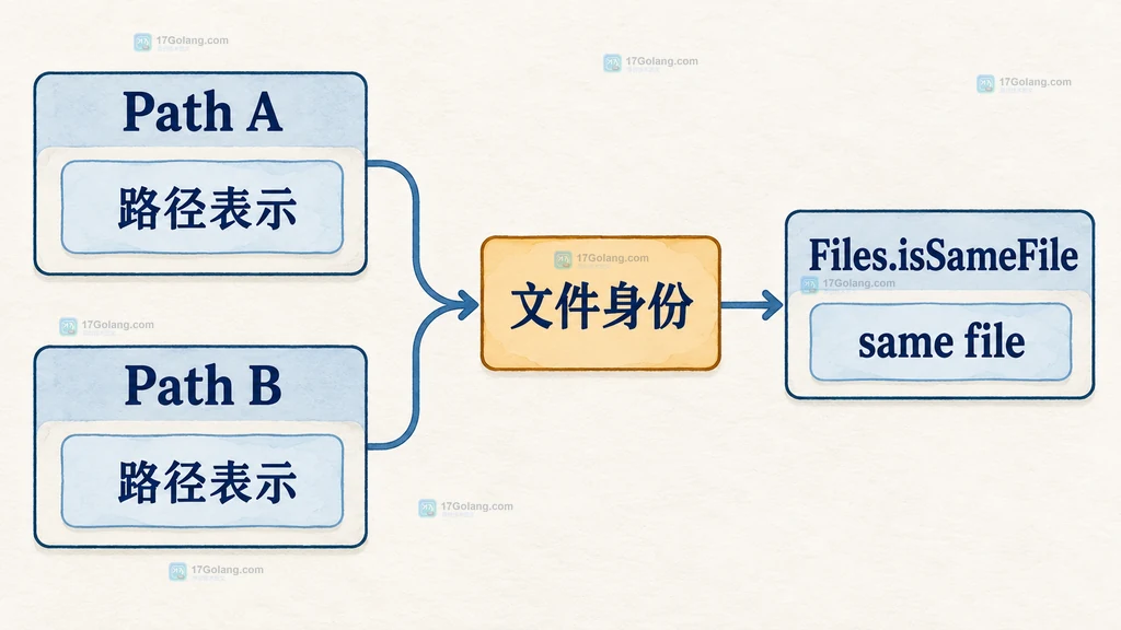 Path A 和 Path B 通过 Files.isSameFile 关联到文件身份的静态说明图