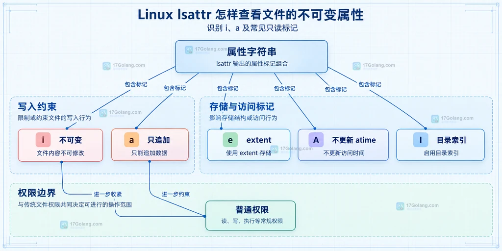lsattr 属性字符串中的 i、a、e、A、I 标记与普通权限边界说明图