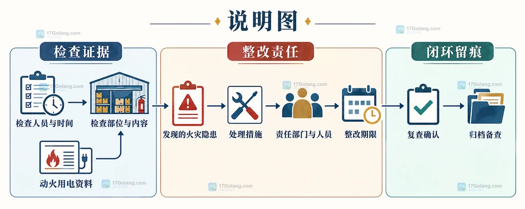 仓储企业消防安全检查中责任制度、现场巡查、设施维保和培训演练记录的关系说明图