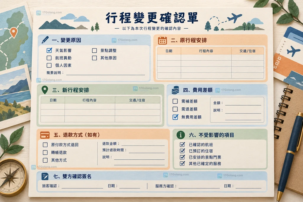 旅游团队行程变更书面确认中的原因安排费用和双方确认字段说明图