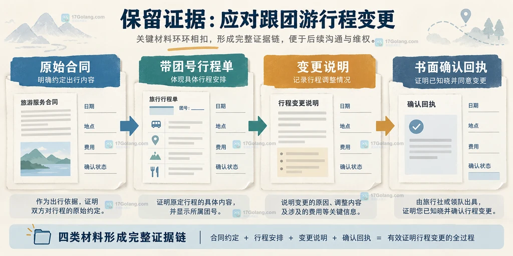 旅游团队行程变更从原始合同到书面确认回执的证据链结构说明图