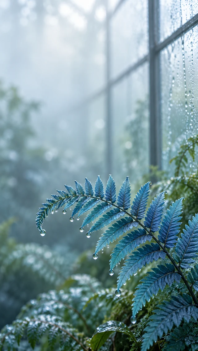 手机壁纸提示词：雨后玻璃温室里的蓝色蕨叶