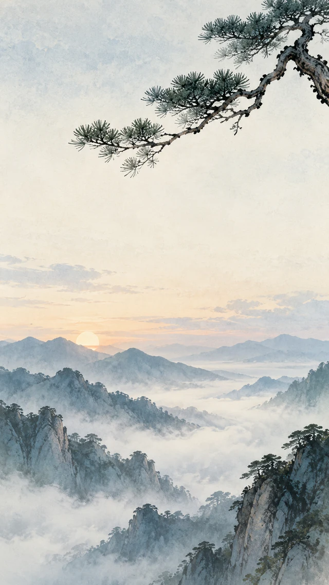 手机壁纸提示词：东方山谷晨雾中的留白松枝